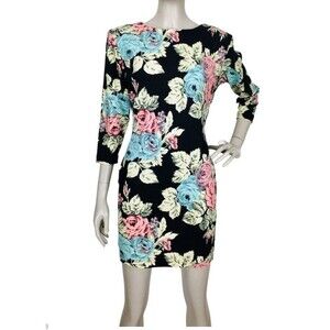 Vintage 80s Floral Rose Cotton Low V-Back 3/4 Sleeve Mini Dress Size Medium NEW